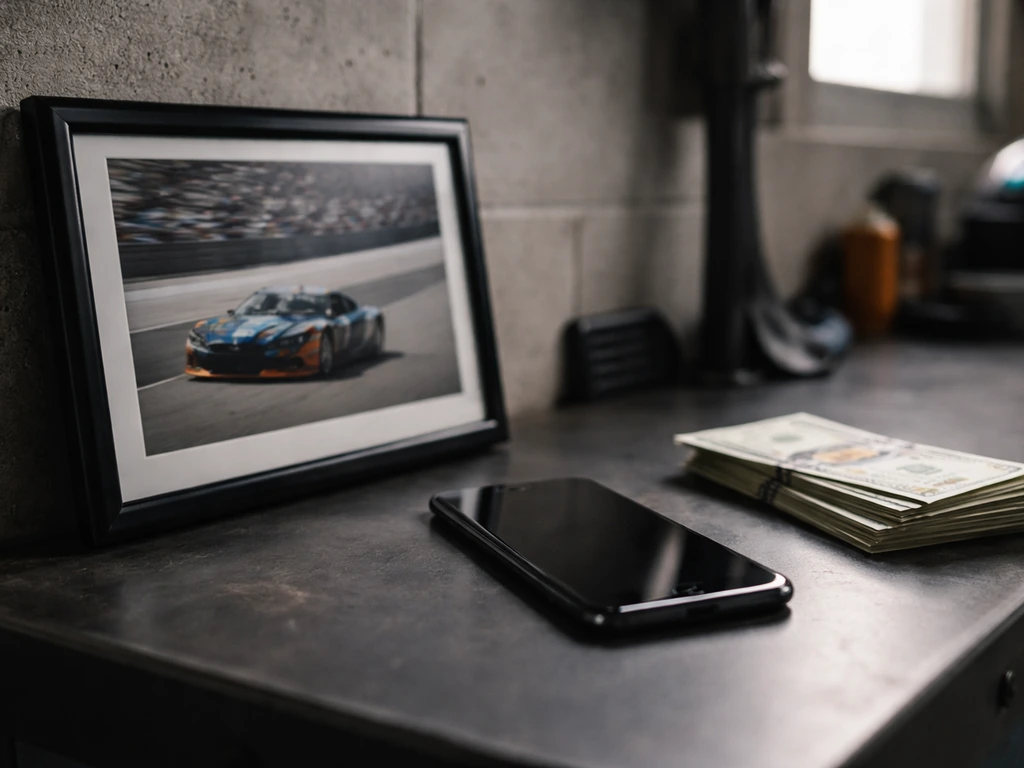 Racing garage workbench with a phone and loosely arranged cash, symbolic money and media presence.