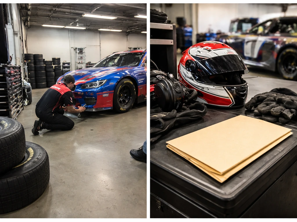 Split garage scene: a NASCAR race car and crew area, with a helmet and blank folder implying contracts.
