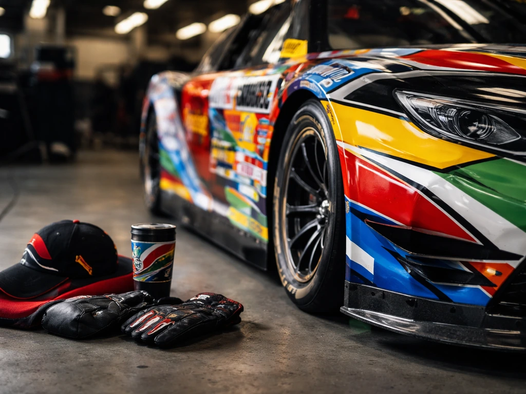 Close-up of sponsor decals on a NASCAR car hood/side panel with a blurred garage background