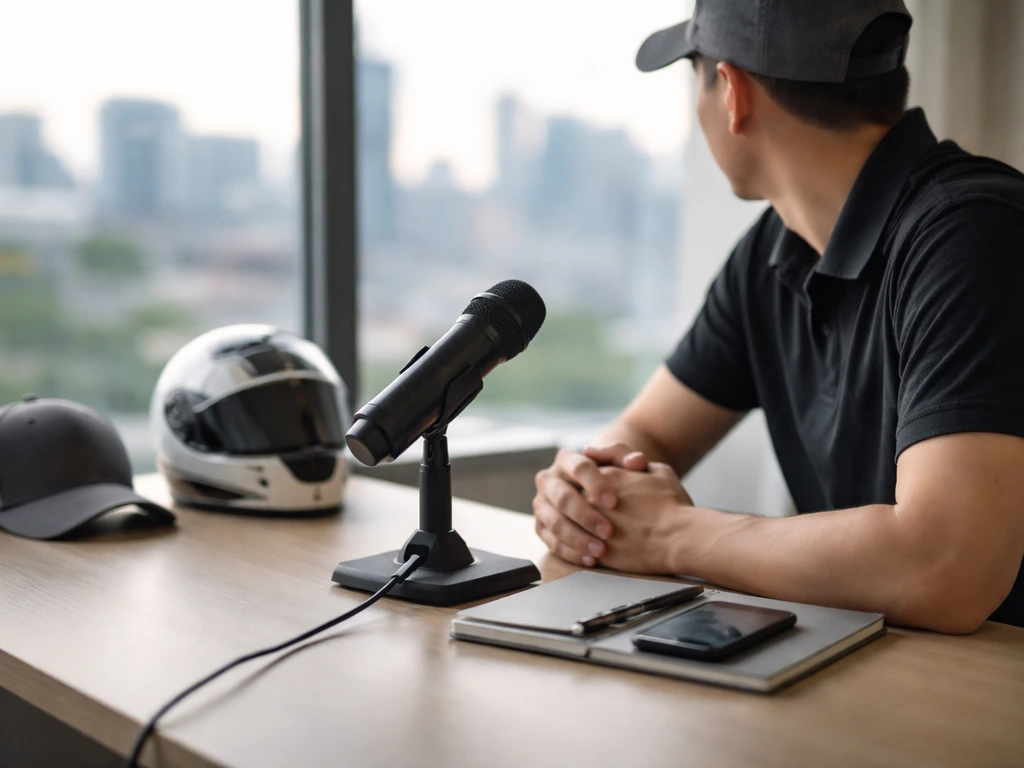 Anonymous motorsport executive at a desk with a microphone, city skyline visible through window