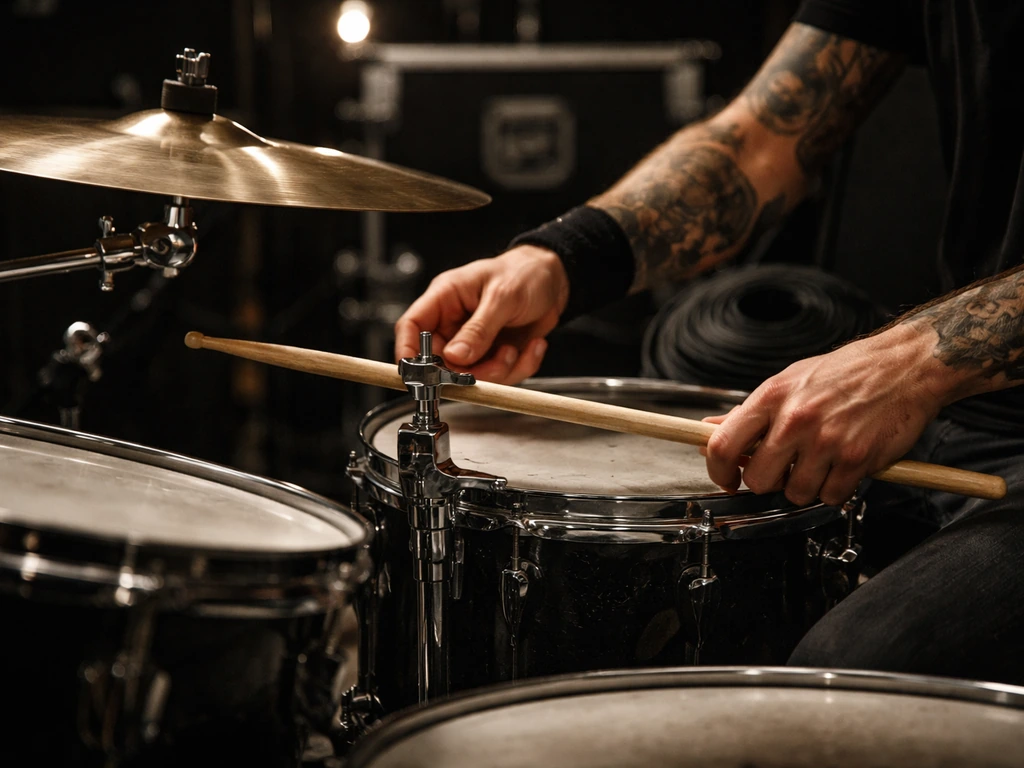 Close-up of a touring drummer’s hands on a drum kit with stage lighting, suggesting studio musician life.