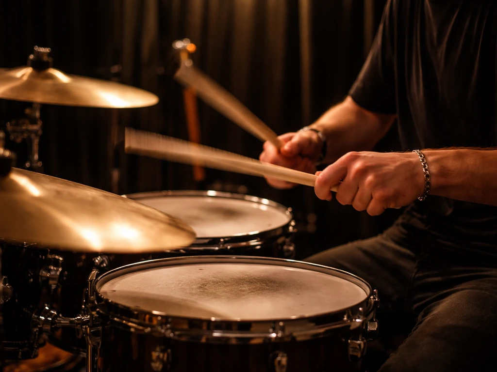 Anonymous touring drummer playing a drum kit in a small rehearsal space, close-up with motion blur.