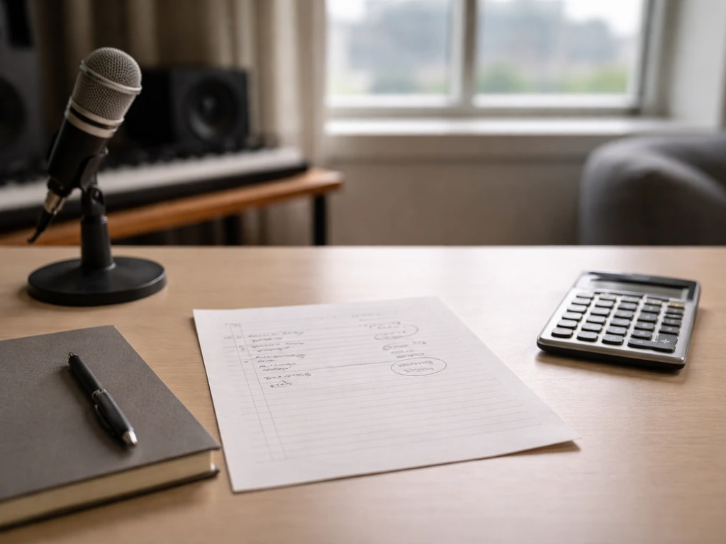 An anonymous music business desk with a calculator and handwritten notes beside a microphone in natural light.