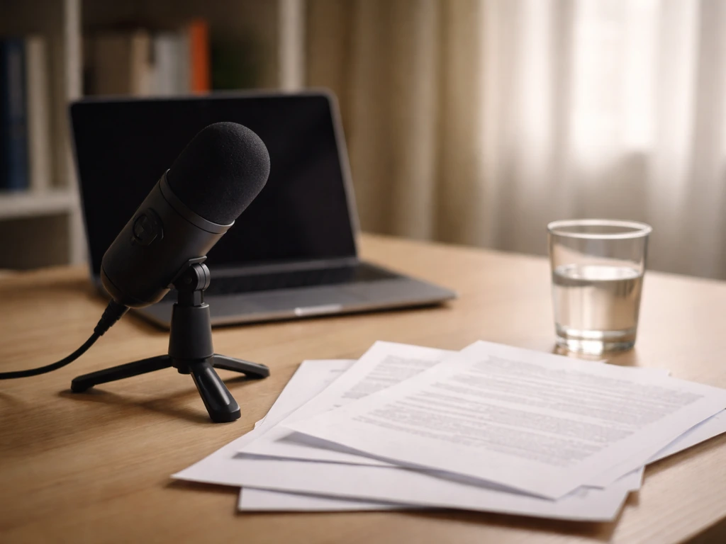 Minimal desk scene with a microphone and documents suggesting evidence-based media and finance analysis.