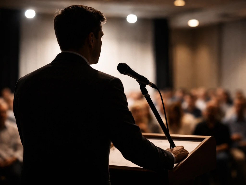 Conservative-style media appearance with a microphone and backdrop, suggesting a political activist filmmaker speaking.