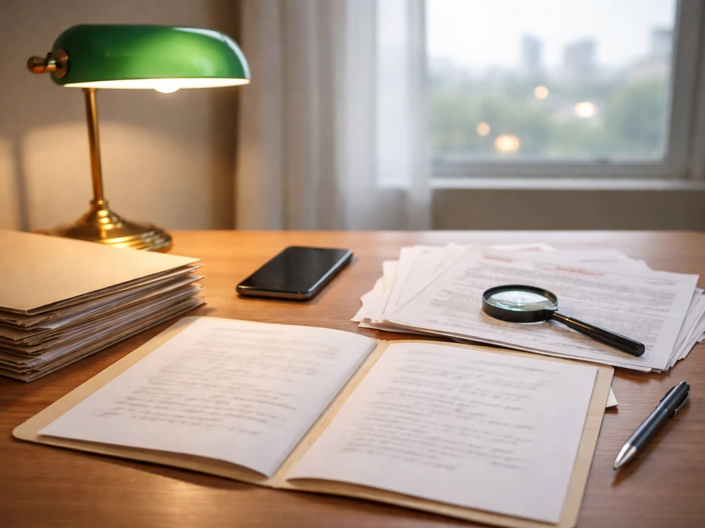 Minimal desk scene with folders, blurred notes, magnifying glass, and papers suggesting evidence-based analysis.
