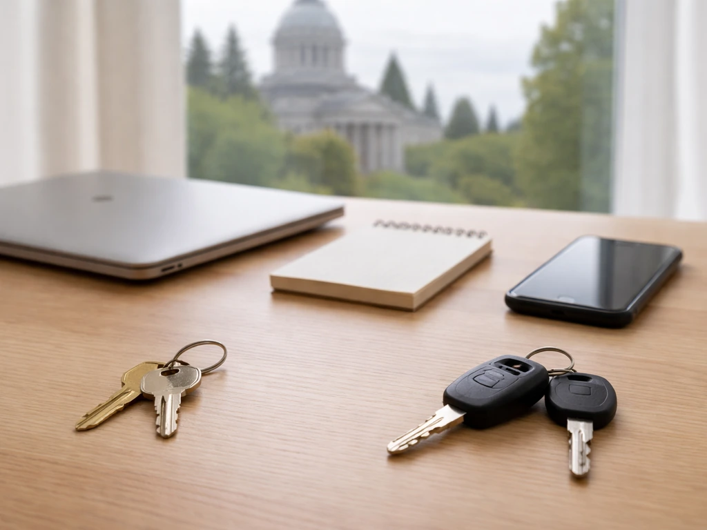Minimal desk scene with keys and a laptop suggesting property and vehicle ownership checks, Washington courthouse in sof