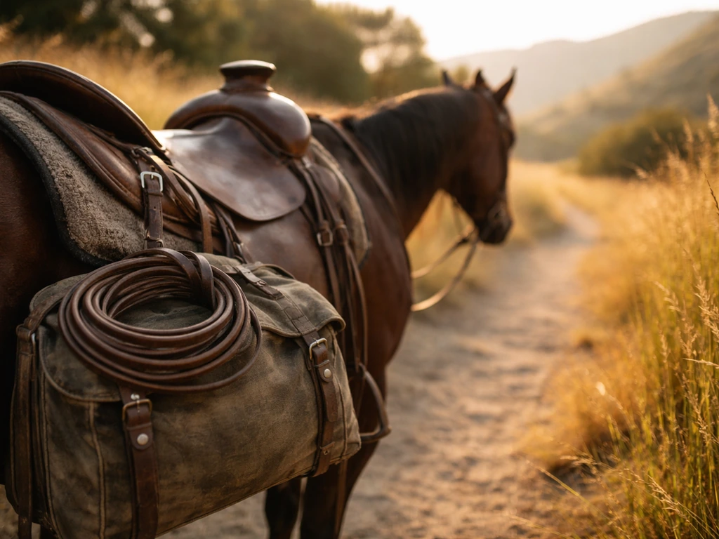 Sunlit outdoor travel scene with a mounted saddle and reins on a trail, symbolizing a nomadic educator lifestyle.