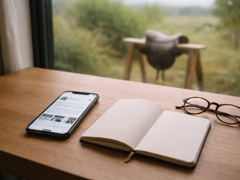 Minimal desk scene with a smartphone, notebook, and a blurred outdoor background suggesting identity disambiguation.
