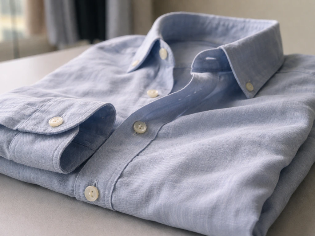 Close-up of neatly folded untucked shirt fabric with soft shadows and a premium retail vibe