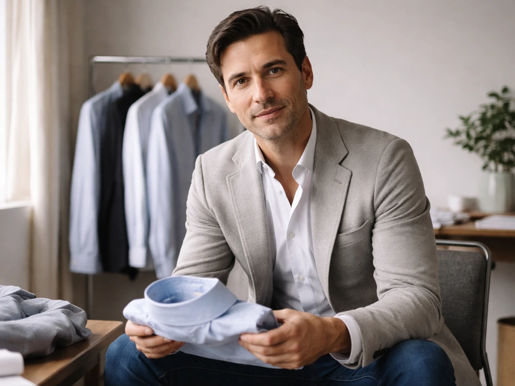 Chris Riccobono seated at a simple desk with a clothing rack and folded dress shirts behind him