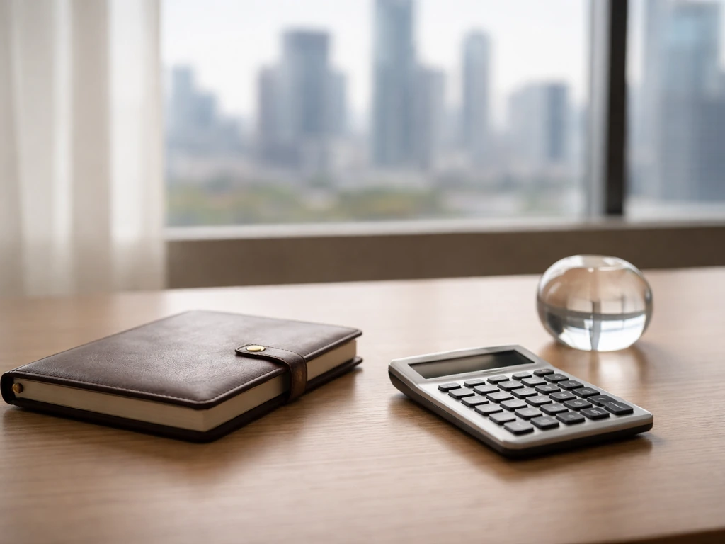 Minimal photo of a small equity-and-valuation themed desk scene with a ledger book and calculator