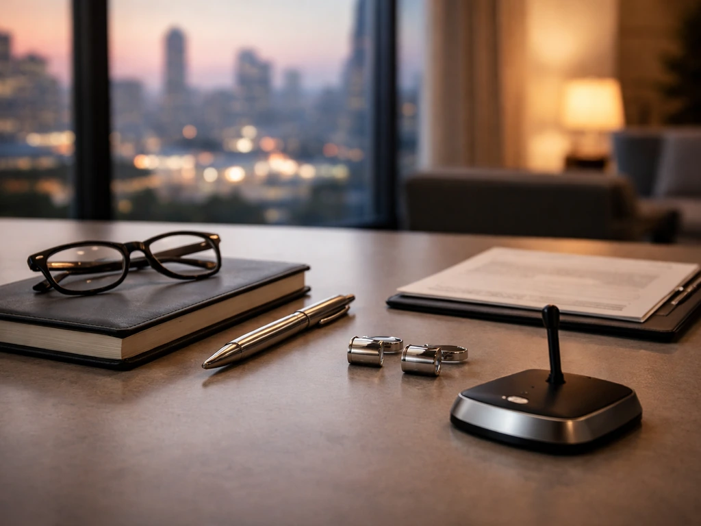 Minimal desk scene with microphone and cufflinks, symbolizing venture ownership and income.