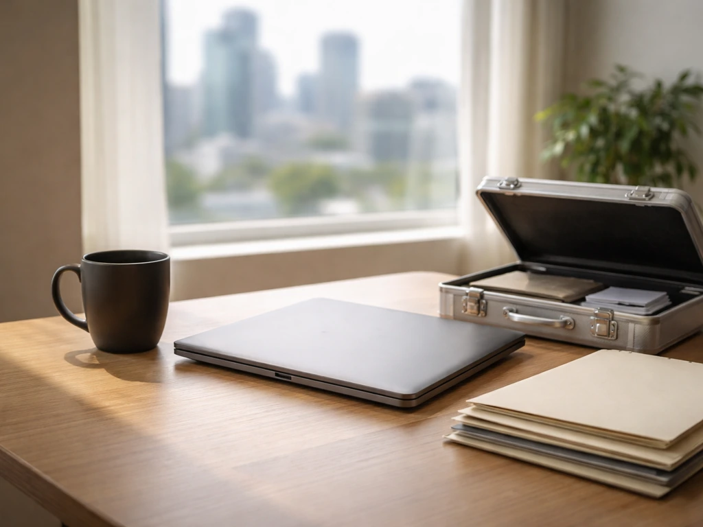 Minimal desk scene with briefcase and laptop, softly lit, symbolizing financial planning for 2026 ranges