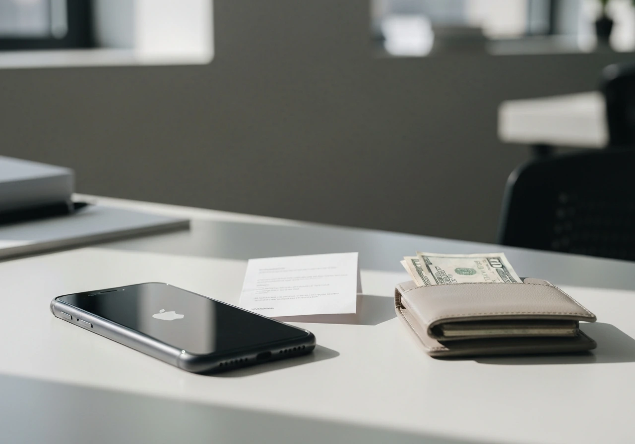 Minimal photo of a smartphone beside a folded paper and cash, symbolizing reading a net-worth estimate range