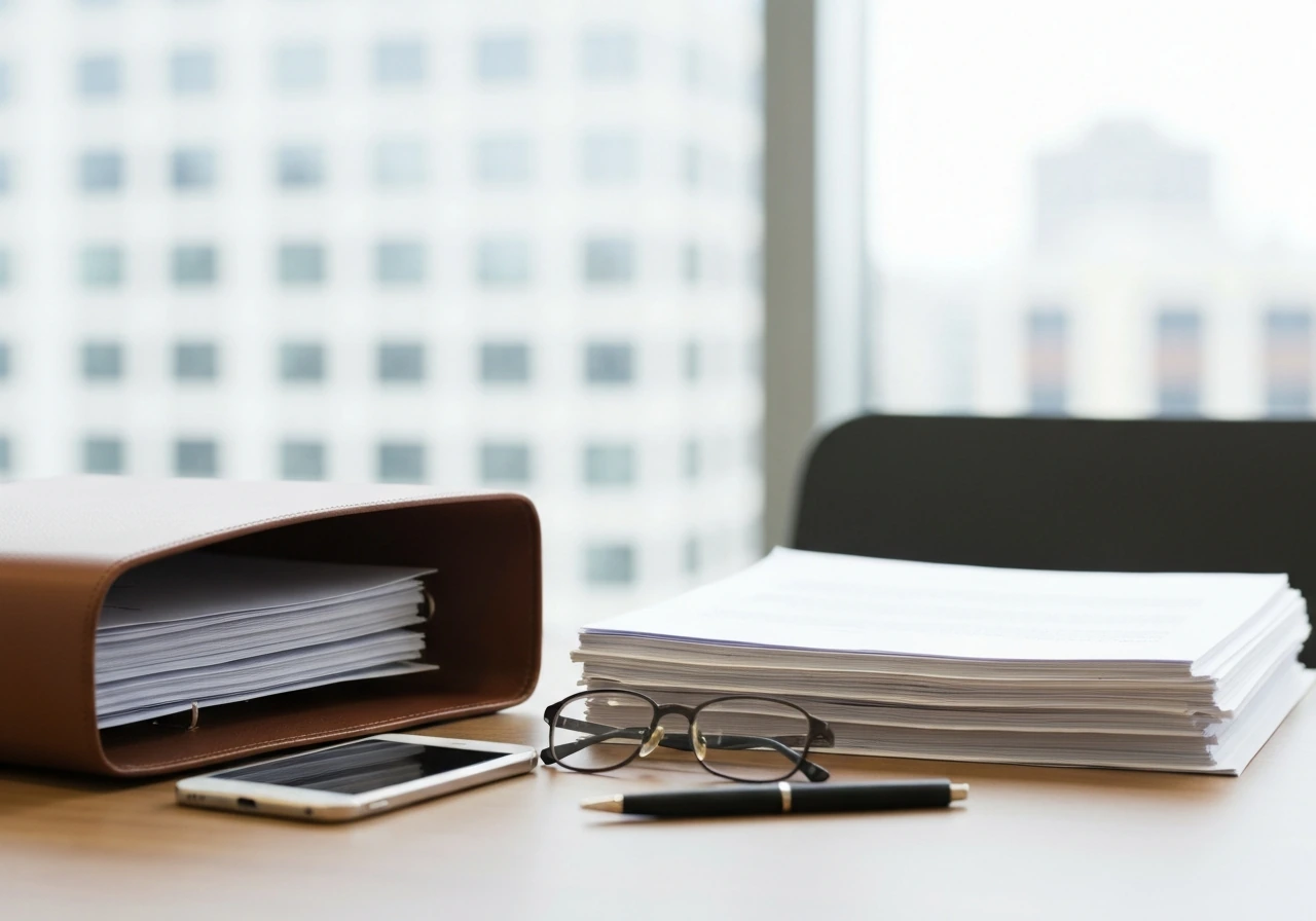Business director-style setting with documents and a company registry binder on a desk
