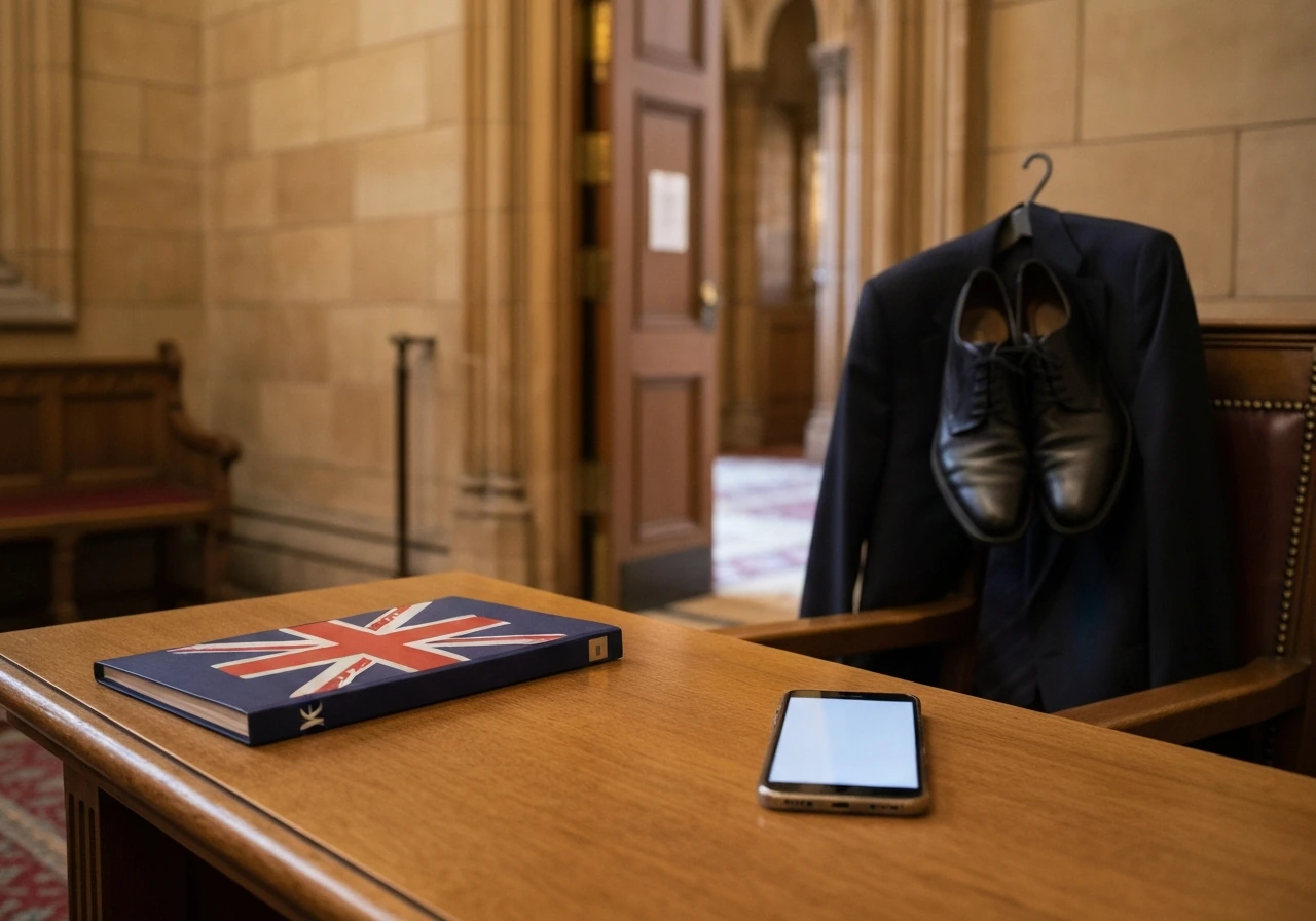 UK Parliament interior hallway with an MP-style wooden desk and a smartphone on a clean surface.
