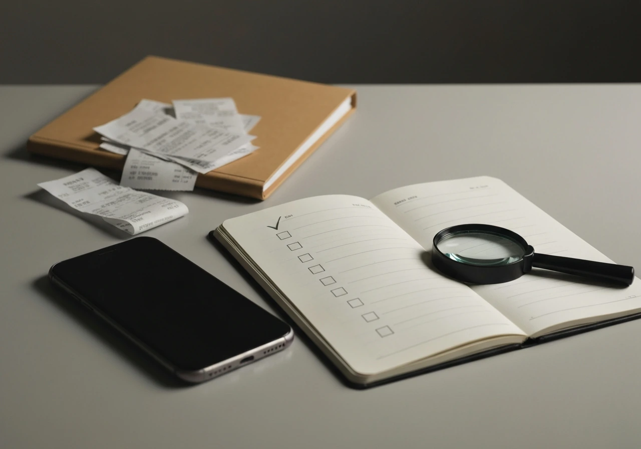 Minimal desk with blank checklist boxes, magnifying glass, receipts, and smartphone for net-worth fact-checking