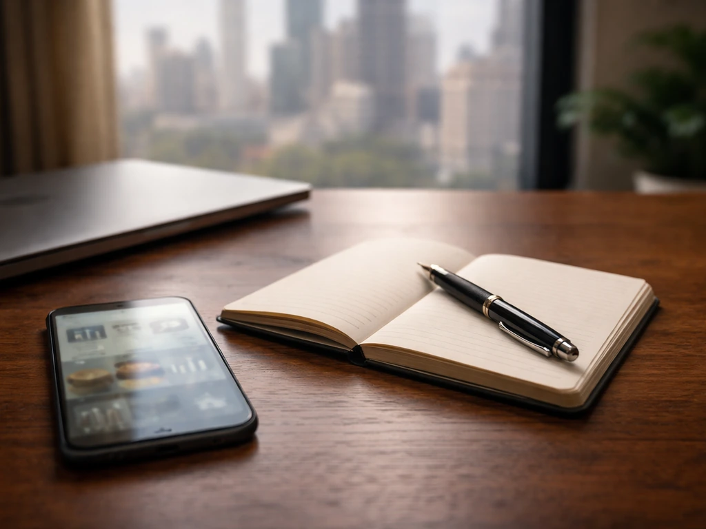 Minimal desk scene with laptop and phone blurred finance icons, suggesting conflicting net-worth research.