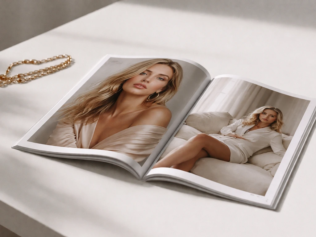 Minimal Elle magazine mock press page on a desk with a subtle fashion accessory nearby.