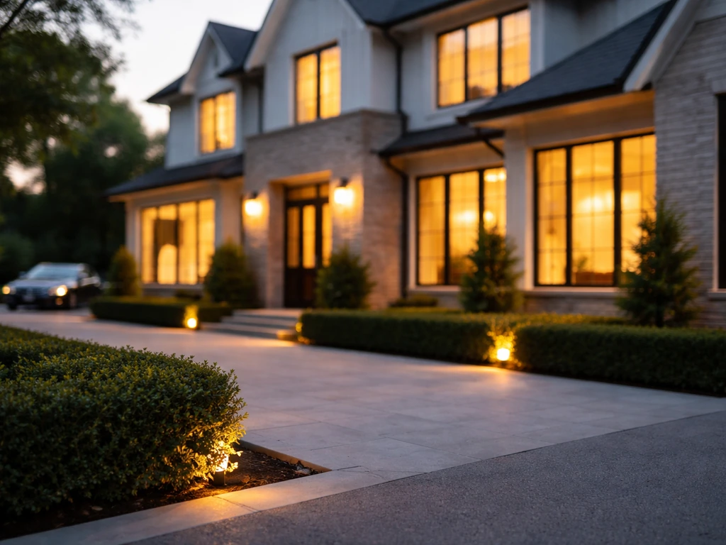 Luxury home exterior at dusk with warm lights, viewed from the street in soft blur background.