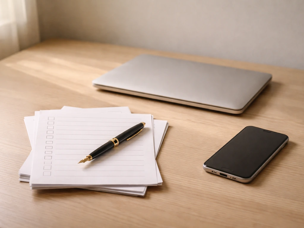 Minimal desk scene with blank checklist pages, phone, and laptop—symbolizing self-estimation and verification.