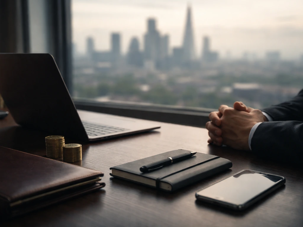 Cinematic fintech-themed desk scene with laptop, UK-city view through window, and subtle wealth symbolism