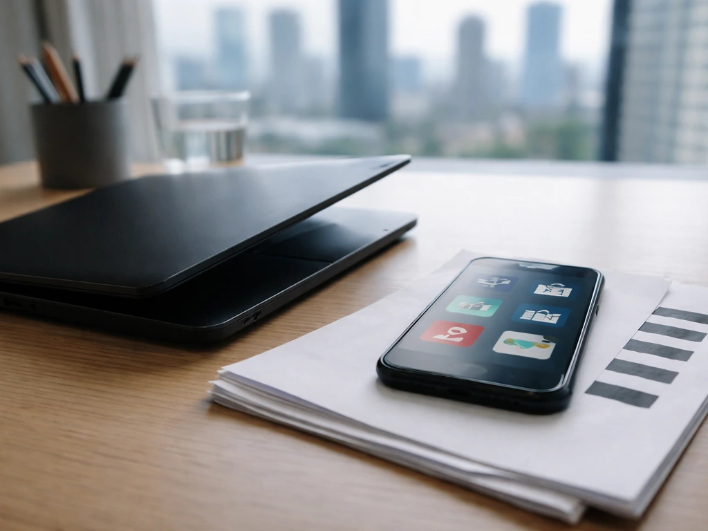 Anonymous desk with laptop and phone showing blurred finance icons, hinting at public-record research.