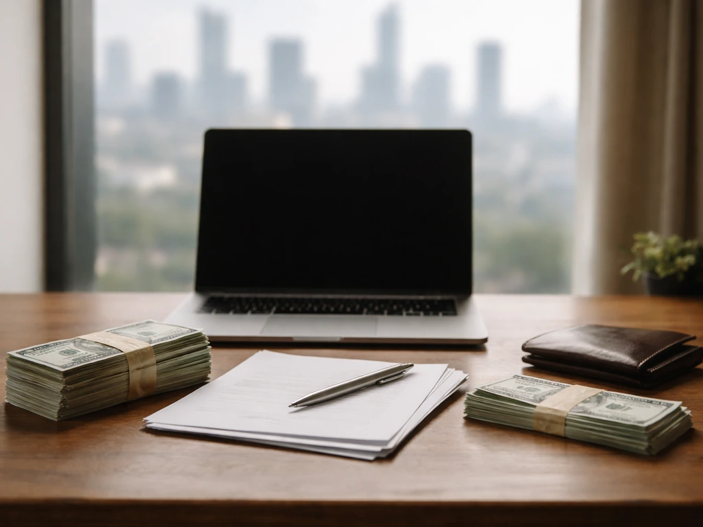 Open laptop on a desk beside cash and scattered bills, symbolizing assets minus liabilities without charts.