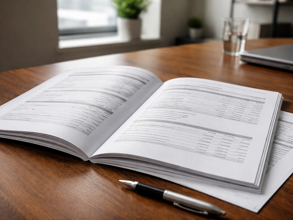 Open annual report on a desk with a pen, suggesting executive compensation and equity disclosures.
