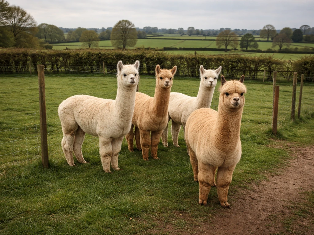 Close view of alpacas in a calm rural paddock with wire fencing and lush countryside backdrop