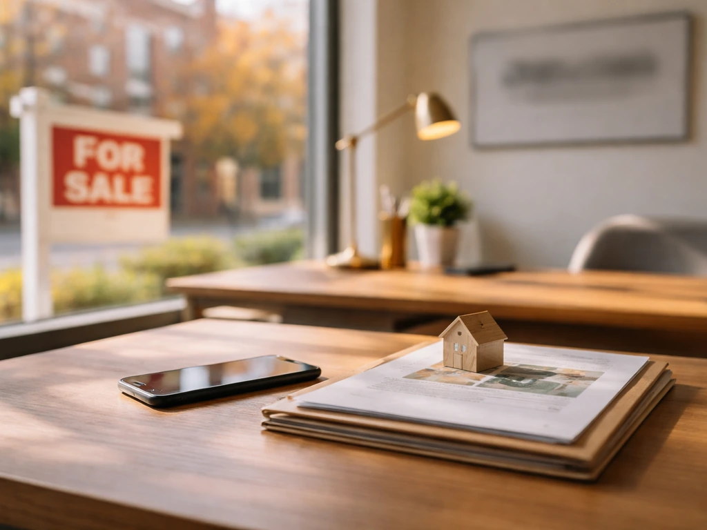 Sunlit real estate office desk with blurred for-sale sign by a window and out-of-focus brokerage branding.