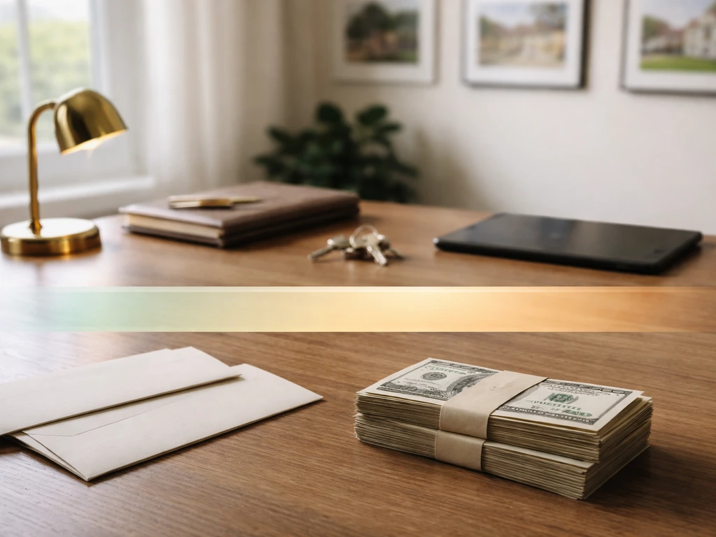 Minimal office desk with keys and money, subtle light bands suggesting a net worth range; no text.