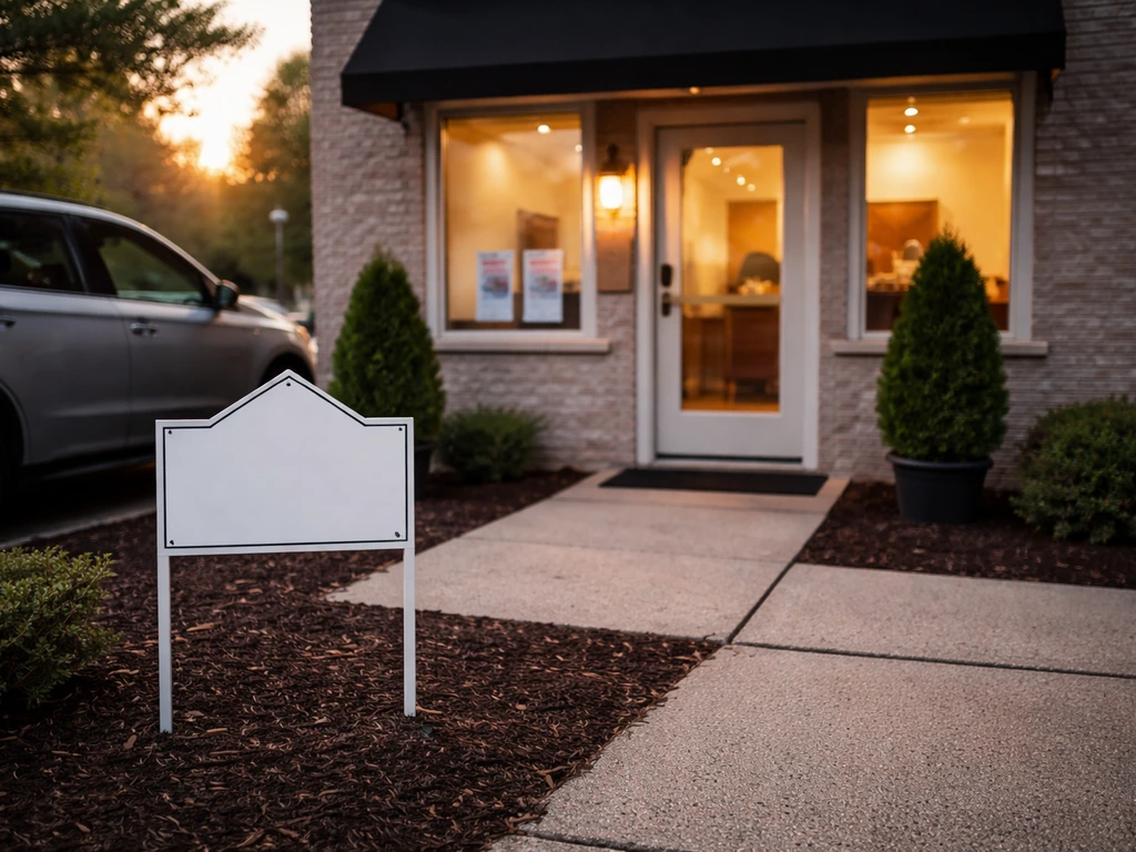 Owner’s real estate office exterior with brokerage sign and commission-themed details, morning light