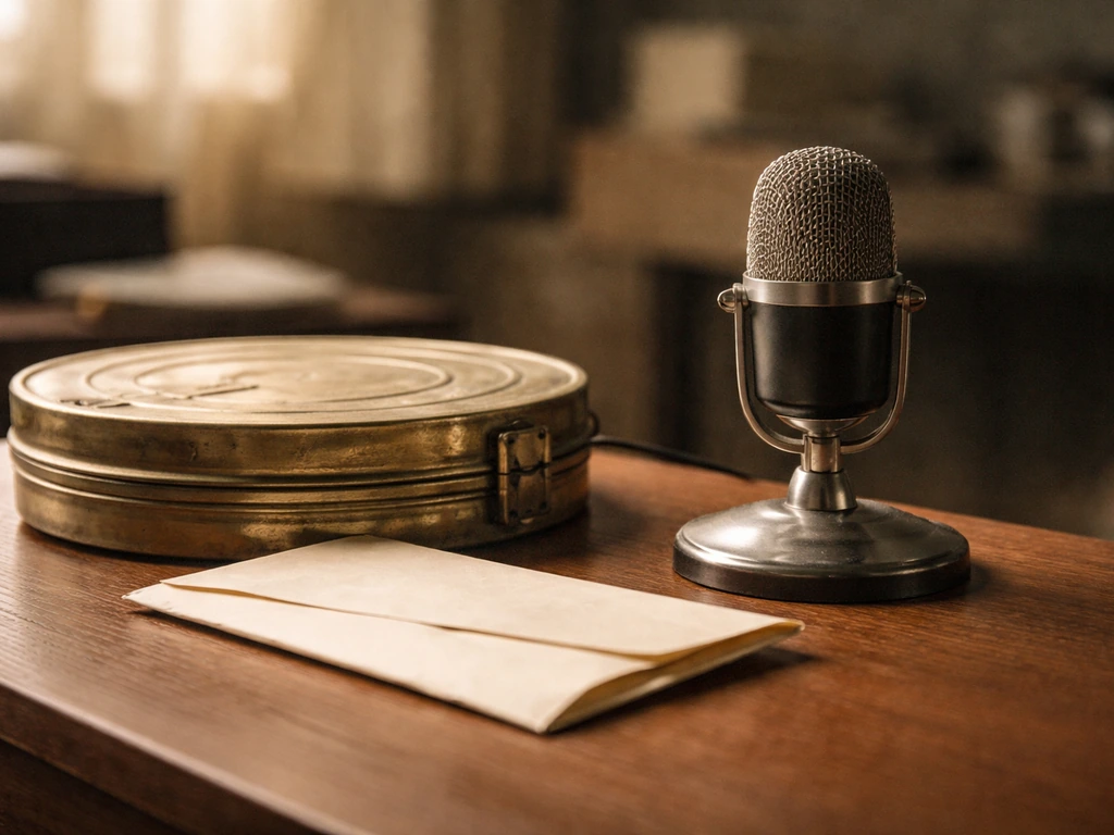 Vintage Hollywood-style film reel and an old microphone on a desk beside a cash envelope, in soft light.