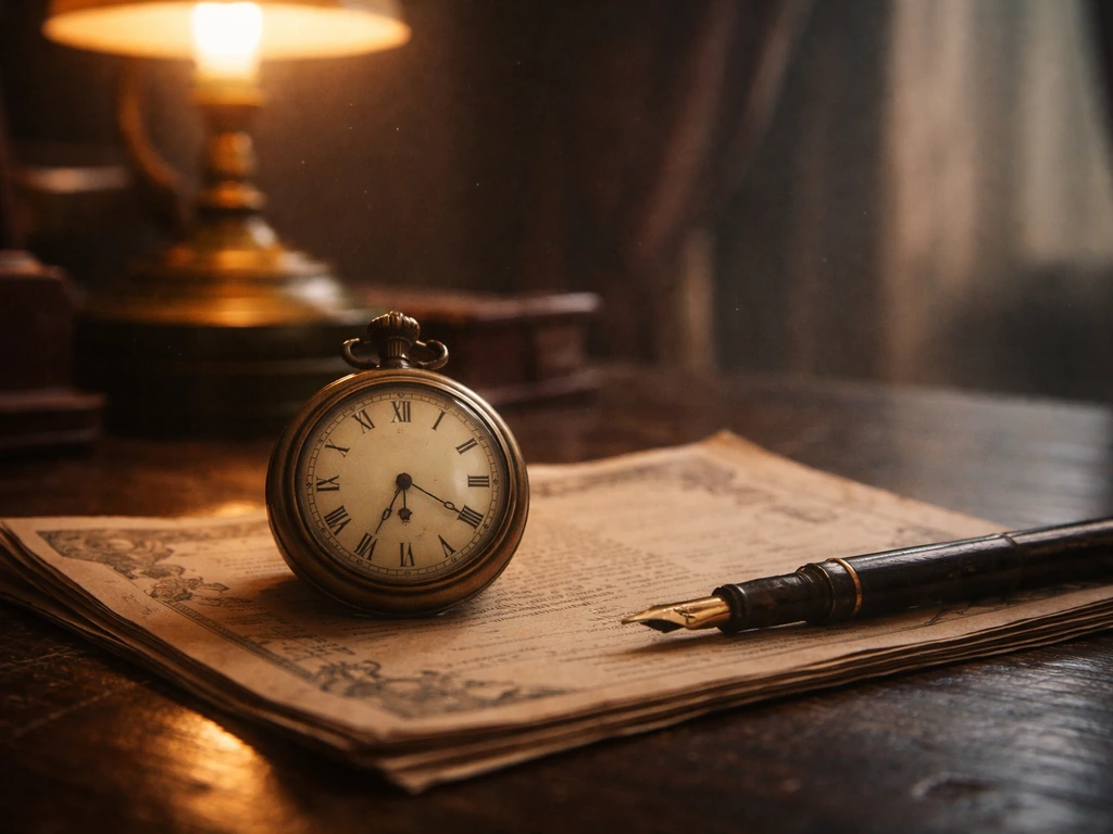 Vintage pocket watch and theater memorabilia on a desk under warm light, evoking past career earnings.