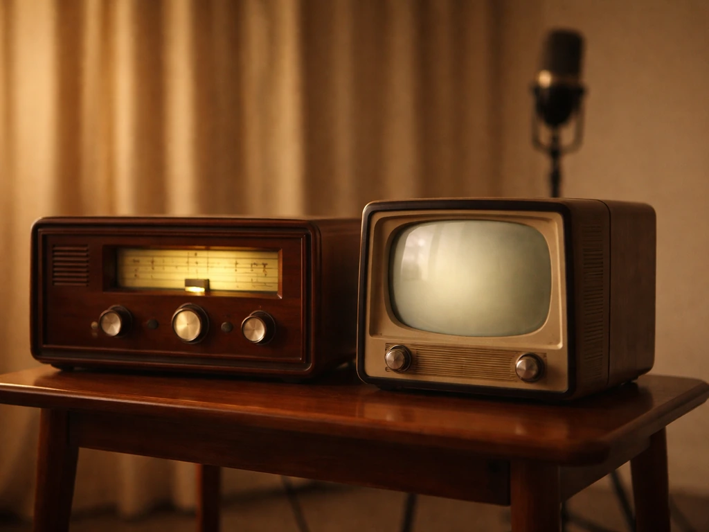 Vintage radio and a glowing early television in a cozy studio-like living room, 1950s media vibe