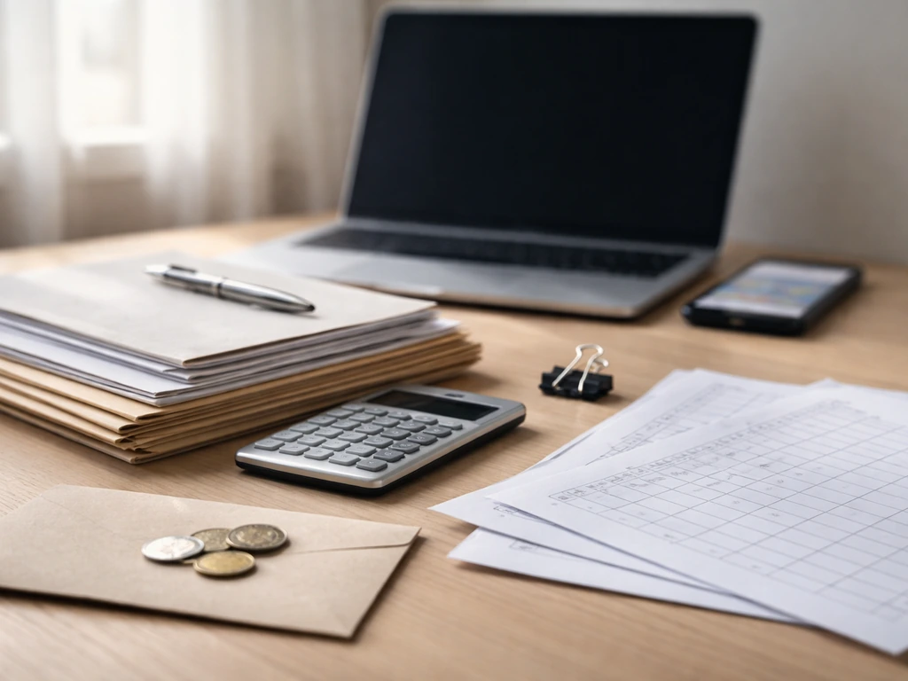 Minimal desk scene with generic financial papers, calculator, coins, and a laptop suggesting net worth research.