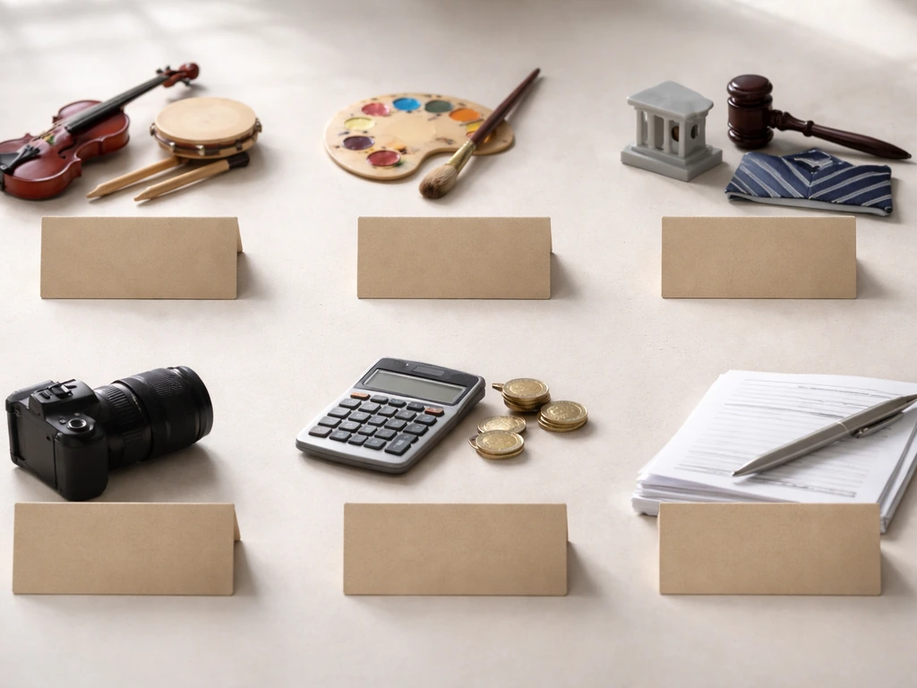 Minimal scene with labeled name tags and varied themed objects suggesting multiple people with the same name.