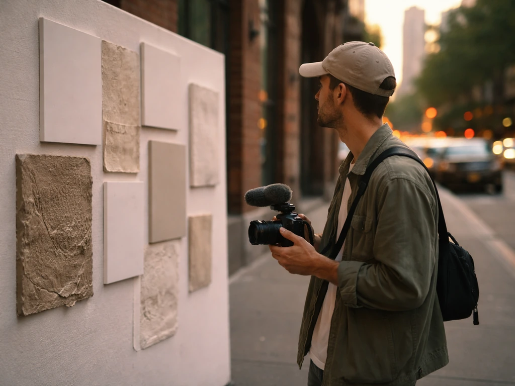 Street-side documentary filming scene in NYC with a small art installation in the background