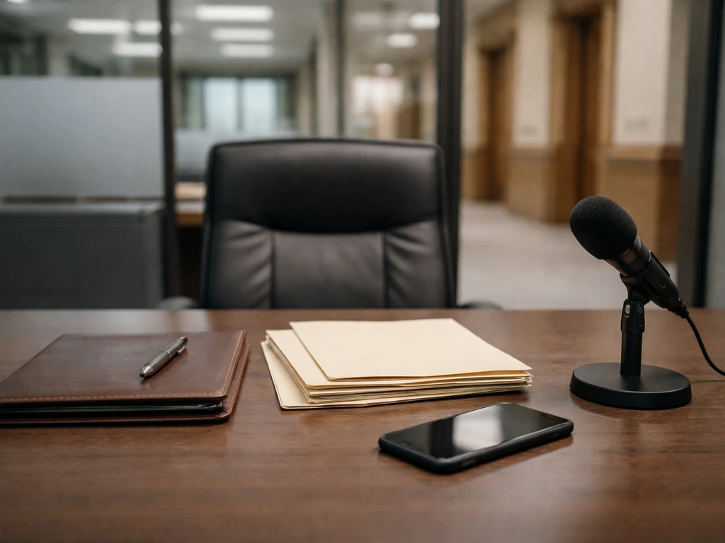 Minimal insurance office desk with folders, portfolio, and a desktop microphone, symbolizing executive industry work.