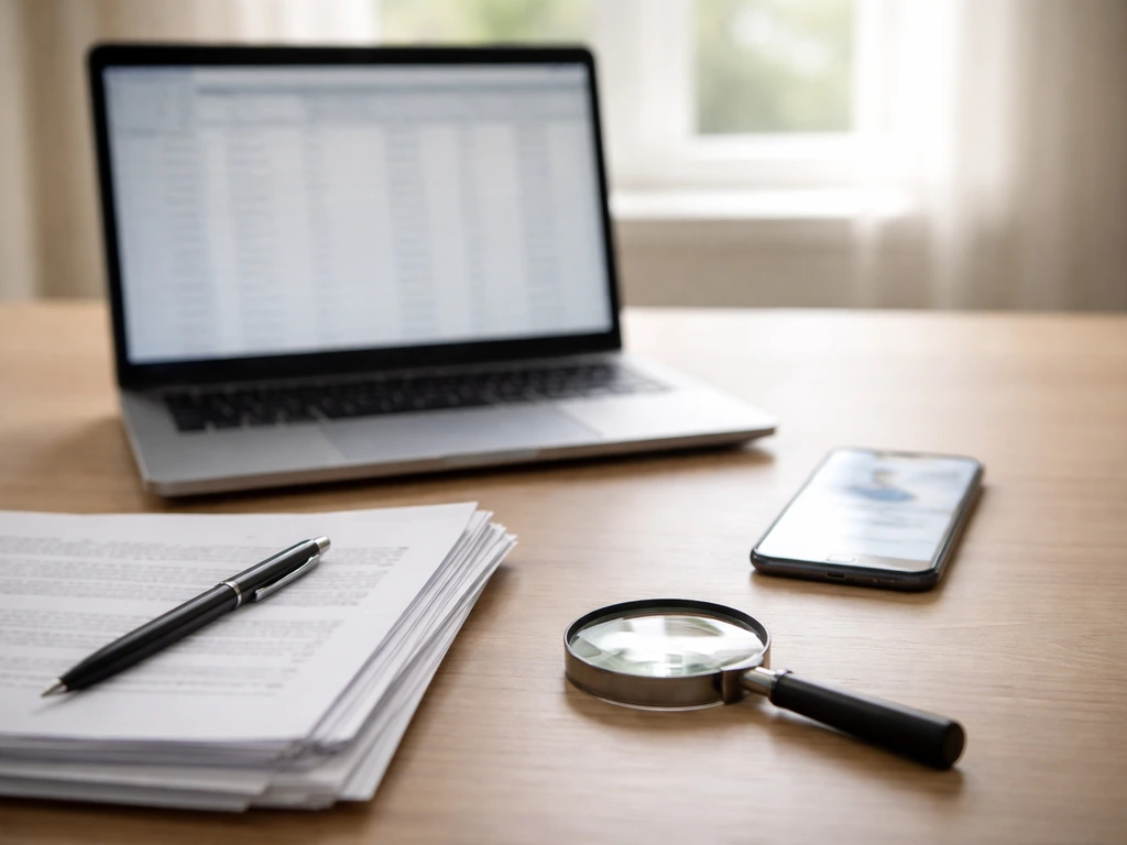 Minimal desk setup showing a laptop, phone, and papers symbolizing verifying and updating a net worth estimate