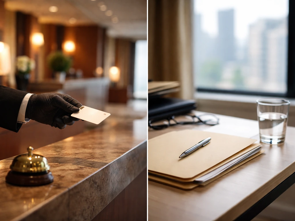 Split-screen shows anonymous hotel keycard left and a business office desk with city view right.