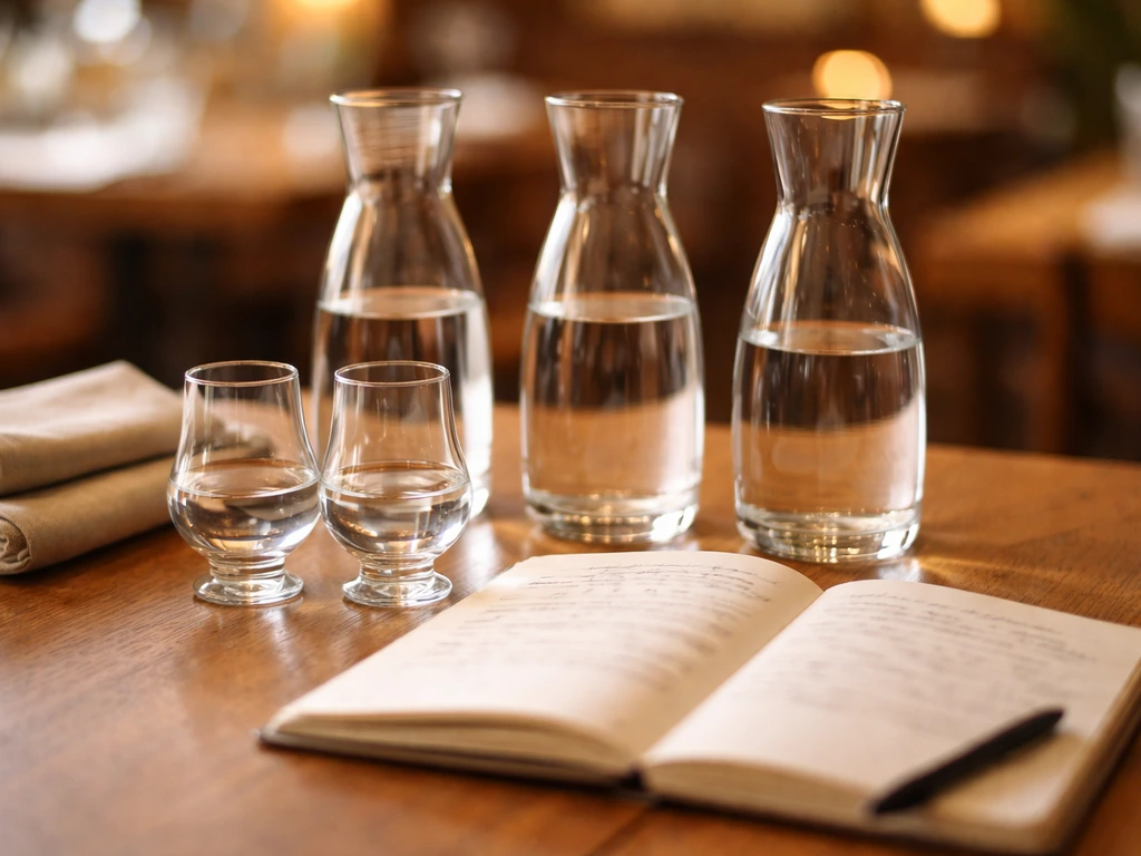 Close-up of carafes and tasting glasses with water sommelier tasting notes and a notebook