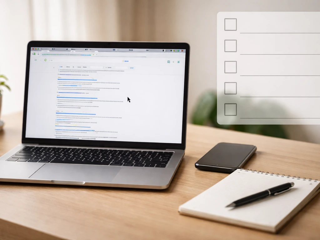 Minimal desk scene with laptop web-search view and a checklist overlay for verifying an estimate