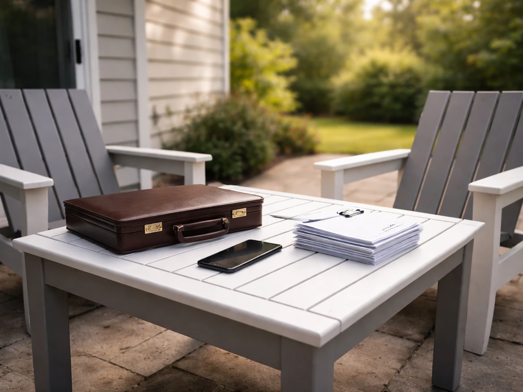 Outdoor patio with modern slatted furniture, a briefcase, and papers suggesting business wealth analysis.