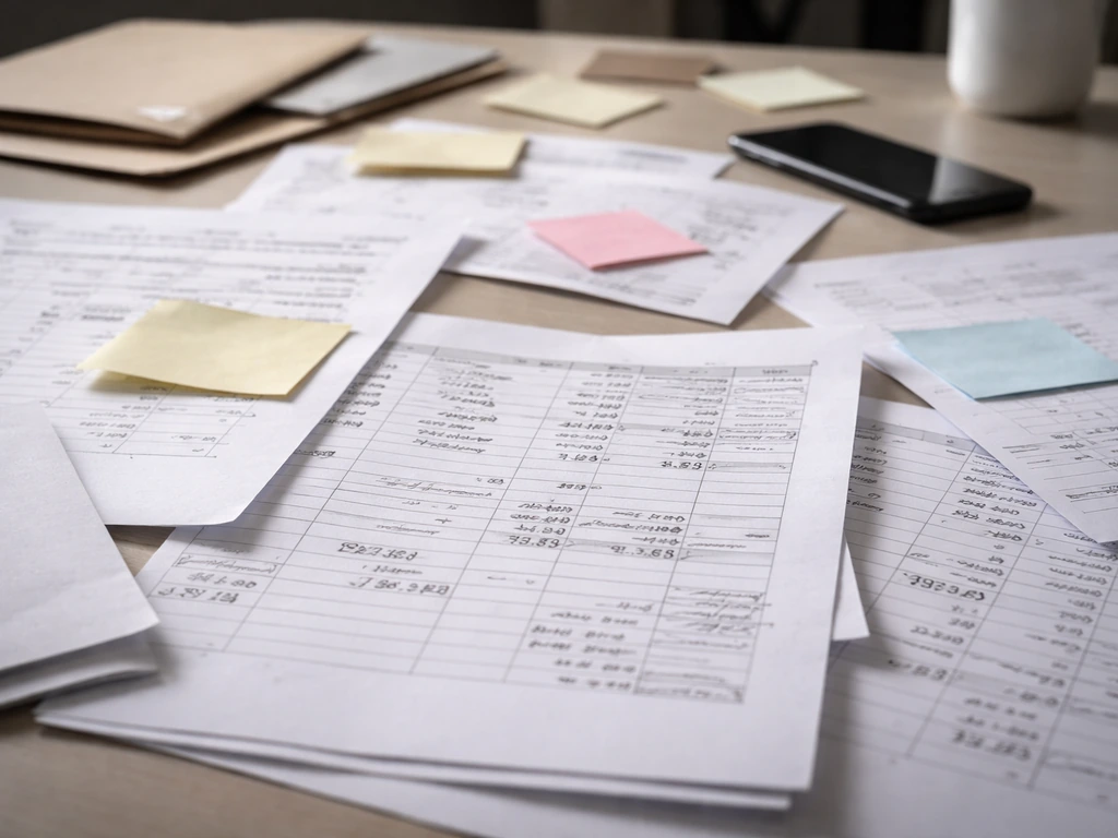 Close-up of a messy desk with scattered papers and mixed spreadsheets showing inconsistent financial notes.