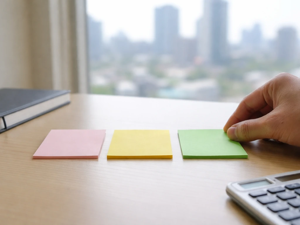 Anonymous hand arranging three blank notes on a desk beside a calculator, symbolizing a net-worth range.