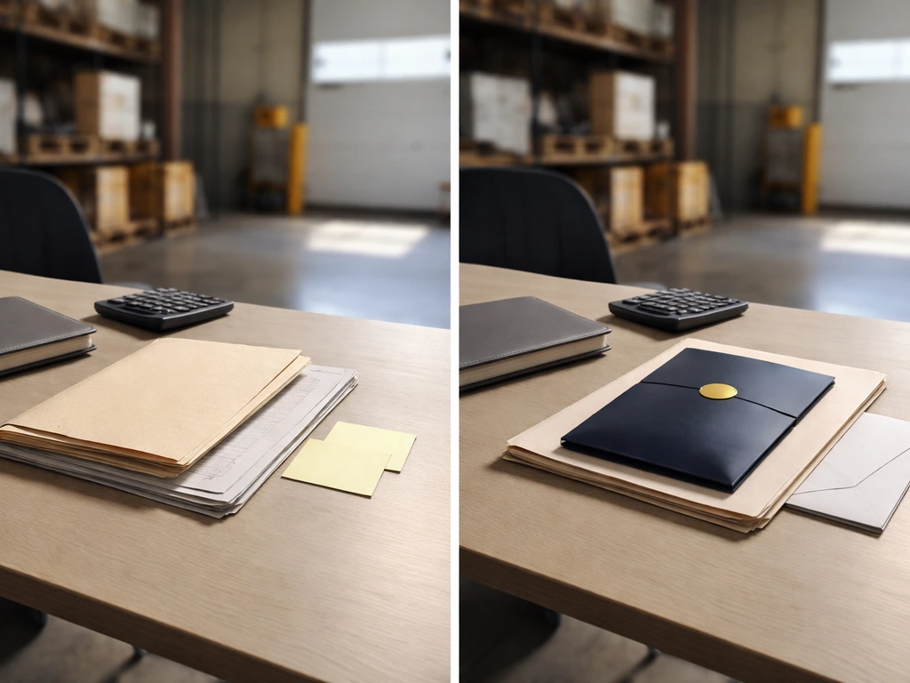 Warehouse desk with older documents on one side and fresh investment paperwork on the other, symbolizing shifting valuat