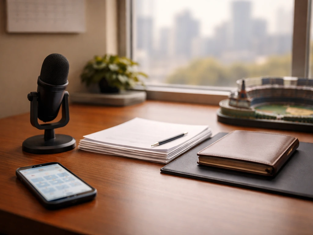 Minimal desk with microphone, documents, and out-of-focus finance phone—symbolic of net worth analysis